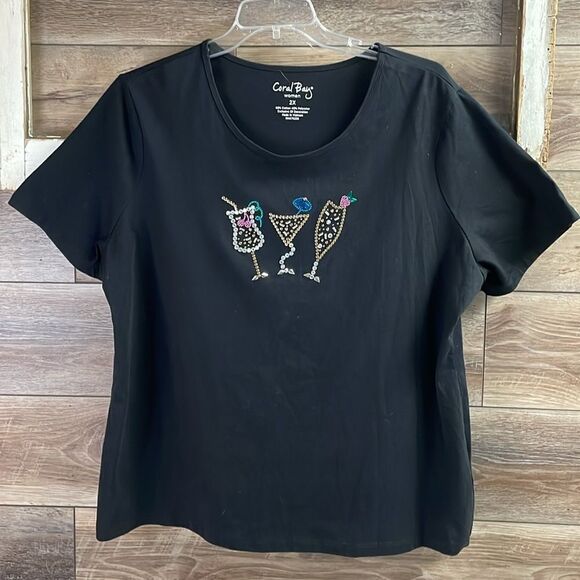 CORAL BAY Womens Plus Size 2X Scoop Neck Embellished Cocktails Graphic Top Black - Picture 4 of 6